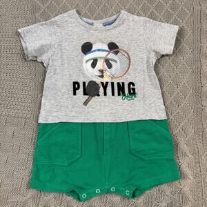 Lapin House Designer Gray and Green Panda Graphic Romper ~ 18M